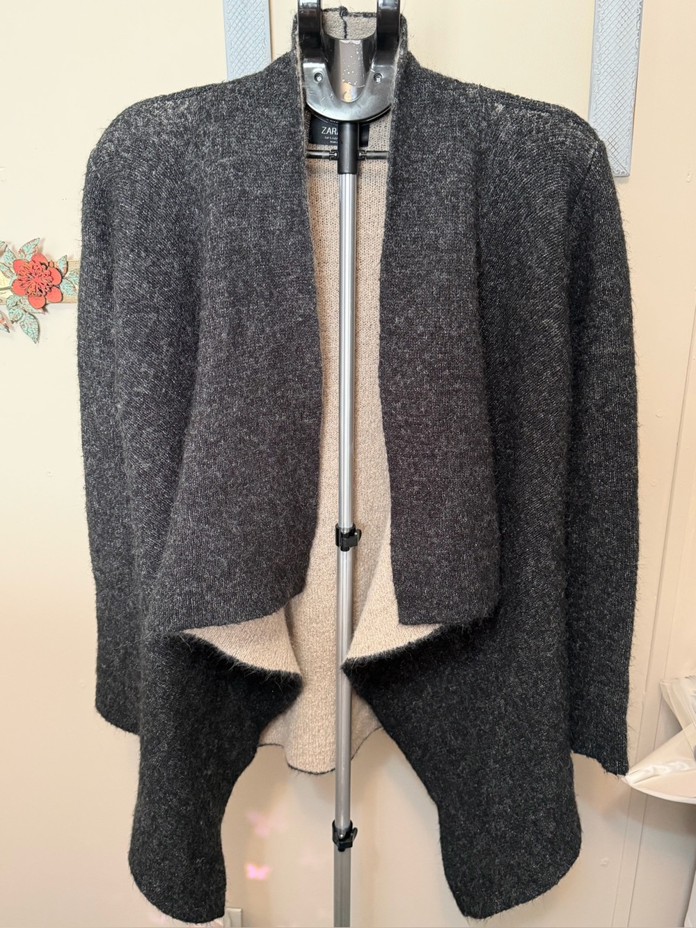 ZARA KNIT Two-Tone Open Front Waterfall Draped Cardigan - Small